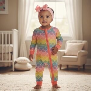 NWT Rainbow Mermaid Scale Zip Up Sleeper Pastel Bamboo Pajamas One Piece Kids
